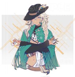  argus_(reverse:1999) black_hat black_sleeves blonde_hair candy cape closed_mouth cowboy_hat cropped_torso crossed_arms female food green_cape grey_background grey_eyes hat heterochromia highres holding holding_candy holding_food holding_lollipop junae lollipop long_braid looking_at_viewer navel reverse:1999 sample_watermark scar scar_across_eye scar_on_face solo two-tone_background upper_body watermark white_background yellow_eyes 