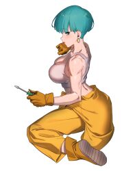  absurdres bare_shoulders breasts bulma_briefs cleavage dragon_ball dragon_ball_z earrings female full_body green_eyes green_hair highres holding holding_screwdriver hoop_earrings jacket jewelry large_breasts pants screwdriver short_hair solo tank_top tied_jacket white_tank_top yellow_jacket yellow_pants zequung 