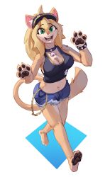  anthro blonde_hair blue_bottomwear blue_clothing blue_hotpants blue_shorts blue_topwear bottomwear bracelet brown_pawpads clothed clothing female female_anthro front_view fur green_eyes hair hi_res hotpants jewelry looking_at_viewer open_mouth open_smile orange_body orange_fur orange_tail pawpads rz54 shorts smile solo spiked_bracelet spikes standing tail tan_body tan_fur topwear 