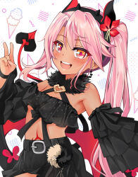  bare_shoulders black_skirt blush breasts chloe_von_einzbern chloe_von_einzbern_(fgo_fes._2025) commentary_request dark-skinned_female dark_skin demon_horns demon_tail demon_wings detached_sleeves fake_horns fate/grand_order fate_(series) female highres horns long_hair looking_at_viewer miniskirt mochi_(k620803n) navel open_mouth orange_eyes pink_hair side_ponytail skirt small_breasts smile solo stomach_tattoo tail tattoo wings 