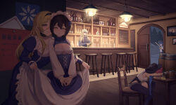 1boy 4girls absurdres alcohol bar_stool barrel beer_mug black_hair black_hairband blonde_hair blue_dress blue_hair bottle breasts cleavage closed_eyes cup dress eyepatch hair_between_eyes hairband highres indoors kibiko_(cheeks) long_hair mug multiple_girls night pixiv_fantasia pixiv_fantasia_last_saga red_hair short_hair sitting small_breasts spill stool tavern wooden_floor 