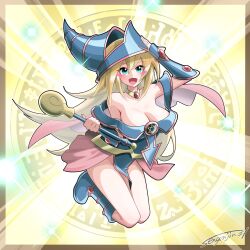  artist_name bare_shoulders blonde_hair blue_dress blue_hat blush_stickers breasts closed_mouth dark_magician_girl dress duel_monster female full_body glowing hat highres large_breasts long_hair pink_skirt sengenjin31 signature skirt solo yellow_background yu-gi-oh! 