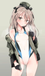  ass_visible_through_thighs black_gloves black_hairband blush brown_eyes brown_hair closed_mouth commentary competition_swimsuit covered_navel female flat_chest garrison_cap girls_und_panzer gloves green_jacket hairband half_gloves hat highleg highleg_one-piece_swimsuit hip_vent jacket long_hair looking_at_viewer multicolored_swimsuit one-piece_swimsuit open_clothes open_jacket shimada_arisu shimada_fumikane side_ponytail simple_background smile solo sweatdrop swimsuit swimsuit_under_clothes visible_air white_one-piece_swimsuit 