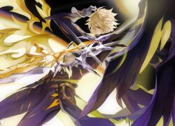  1boy alternate_form asymmetrical_wings bare_pectorals black_shirt black_wings blonde_hair commentary_request cracked_skin hair_between_eyes halo halo_behind_head honkai:_star_rail honkai_(series) hush_(xoxo_hush) korean_commentary male_focus material_growth pectorals phainon_(honkai:_star_rail) shirt short_hair solo torn_clothes torn_shirt wings yellow_blood yellow_eyes yellow_wings 