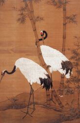  15th_century 3_toes absurd_res ambiguous_gender ancient_art avian bamboo bamboo_tree beak bian_jingzhao biped bipedal_feral bird black_body black_feathers brown_background crane_(bird) duo feathers feet feral formal_art gruiform hi_res long_neck multicolored_body multicolored_feathers outside painting_(artwork) plant red_body red_feathers scuted_legs scutes simple_background standing talons toes traditional_media_(artwork) traditional_painting_(artwork) tree white_body white_feathers 