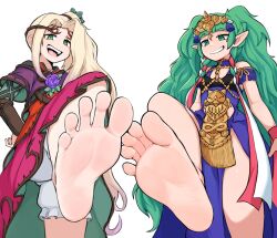  2girls asymmetrical_hair bare_legs bare_shoulders barefoot blonde_hair blunt_bangs braid dress feet fire_emblem fire_emblem:_three_houses flower foot_focus foot_out_of_frame frilled_shorts frills gold_trim green_eyes green_hair hair_ornament hand_on_own_hip highres kid_icarus kid_icarus_uprising long_hair looking_at_viewer multiple_girls pelvic_curtain pointy_ears purple_flower short_sleeves shorts shorts_under_skirt simple_background smile smug softhanten soles sothis_(fire_emblem) spread_toes standing standing_on_one_leg stepping tassel teeth thighs tiara toes twintails upper_teeth_only very_long_hair viridi white_background white_shorts 