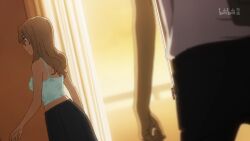  1boy anime_screenshot aoki_clair balcony black_pants blonde_hair curtains female gleipnir_(series) green_tank_top grey_skirt indoors long_hair pants pleated_skirt shirt skirt tank_top white_shirt window 