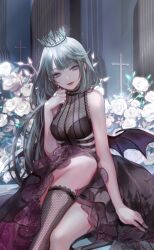  animal_print artist_request bare_arms bare_shoulders bat_print black_crown black_dress black_socks black_wings blue_eyes blunt_bangs breasts castle closed_mouth cross crown demon_wings dress earrings fake_wings feet_out_of_frame female fishnet_dress fishnet_socks fishnets flower frilled_dress frills grey_hair hand_on_own_cheek hand_on_own_face happy highres indoors jewelry knee_up kneehighs lace-trimmed_dress lace-trimmed_socks lace_trim large_breasts light_particles lilith_(shining_nikki) lipstick long_hair makeup medium_dress nikki_(series) official_art red_lips rose see-through_clothes see-through_dress shining_nikki sitting smile socks solo very_long_hair white_flower white_rose window wings 