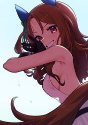  animal_ears bare_shoulders blush breasts brown_eyes brown_hair commentary ear_covers female highres horse_ears horse_girl horse_tail king_halo_(umamusume) looking_at_viewer medium_breasts medium_hair missile_(55missile) smile solo sweat tail umamusume 