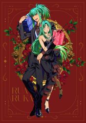  absurdres aged_up bare_shoulders black_dress black_gloves black_jacket black_necktie black_pants breasts brother_and_sister brown_shirt collarbone dress full_body gift gloves green_hair high_ponytail highres holding holding_gift jacket jewelry long_hair lua_(yu-gi-oh!) luca_(yu-gi-oh!) medium_breasts necklace necktie ojing_oppa_(o_b_s_00) pants pearl_necklace ponytail red_background shirt siblings simple_background strapless strapless_dress twins vest white_vest yellow_eyes yu-gi-oh! yu-gi-oh!_5d&#039;s 