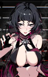  absurdres adapted_costume aer007580 animal_ears bare_shoulders black_gloves black_hair black_necktie blush breasts commentary female fingerless_gloves glint gloves gradient_hair green_eyes hand_up heart heart_in_eye highres jane_doe_(zenless_zone_zero) large_breasts looking_at_viewer mouse_ears mouse_girl multicolored_hair nail_polish navel necktie nose_blush parted_lips red_hair red_nails red_necktie sidelocks smile solo streaked_hair symbol_in_eye two-tone_necktie upper_body very_long_fingernails zenless_zone_zero 