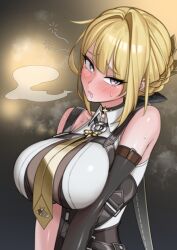  black_bow black_choker black_gloves blonde_hair blush bow braid braided_bun breasts chest_strap choker collarbone collared_shirt drooling elbow_gloves evelyn_chevalier eyebrows_hidden_by_hair female gloves hair_bun heavy_breathing high-waist_pants large_breasts latex_pants long_hair looking_at_viewer necktie open_mouth p-tree pants purple_eyes saliva shirt sleeveless sleeveless_shirt solo tight_clothes tight_pants yellow_necktie zenless_zone_zero 