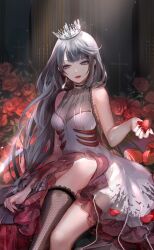  animal_print artist_request bare_shoulders bat_print black_crown black_socks blue_eyes blunt_bangs breasts crown demon_wings dress earrings fake_wings feet_out_of_frame female fishnet_dress fishnet_socks fishnets flower frilled_dress frills game_cg gleam grey_hair highres holding holding_petal indoors jewelry knee_up kneehighs lace-trimmed_socks large_breasts light_particles light_rays lilith_(shining_nikki) lipstick long_hair looking_to_the_side loose_hair_strand makeup medium_dress nail_polish nikki_(series) official_art parted_lips petals purple_wings red_flower red_lips red_nails red_rose rose rose_petals shining_nikki single_earring sitting sleeveless sleeveless_dress socks solo very_long_hair wavy_hair white_dress window wings 