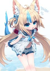  :3 absurdres animal_ear_fluff animal_ears bikini bikini_top_only blonde_hair blue_bikini blue_eyes blue_hair blue_sailor_collar cat_ears commentary dress feet_out_of_frame female fins fish_girl fish_tail flat_chest frilled_bikini frilled_dress frilled_sailor_collar frills highres indie_virtual_youtuber leaning_forward lifebuoy_hair_ornament long_hair looking_at_viewer low_twintails mr.turtle_head multicolored_hair one_side_up open_clothes open_dress open_mouth sailor_collar sameko_saba short_shorts shorts sleeveless sleeveless_dress solo streaked_hair striped_bikini striped_clothes swimsuit tail twintails very_long_hair virtual_youtuber white_dress white_shorts 
