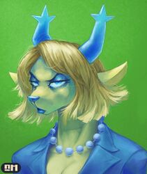  2025 2_horns absurd_res anthro antlers blazer blonde_hair blue_eyes blue_eyeshadow blue_horn blue_lipstick blue_nose bust_portrait carol_holiday clothed clothing deer deltarune eyebrows eyelashes eyeshadow female frown gem hair hi_res horn jewelry lipstick looking_at_viewer makeup mammal mature_female necklace nhymm_hundha pearl_(gem) pearl_necklace portrait short_hair solo undertale_(series) 