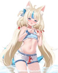  :d absurdres ahoge andrl animal_ear_fluff animal_ears belt bikini bikini_under_clothes bikini_under_shorts blonde_hair blue_belt blue_bikini blue_bow blue_eyes blue_hair blunt_bangs bow cat_ears cowboy_shot female fins fish_girl fish_tail flat_chest frilled_bikini frills hairbow heart heart_hands highleg highleg_bikini highres indie_virtual_youtuber kaniki_(sameko_saba) lifebuoy_hair_ornament long_hair looking_at_viewer low_twintails multicolored_hair navel one_side_up open_mouth sameko_saba short_shorts shorts simple_background smile solo streaked_hair striped_bikini striped_clothes swimsuit tail twintails very_long_hair virtual_youtuber wading white_background white_hair white_shorts 