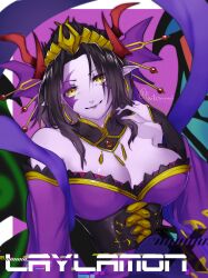  absurdres bare_shoulders black_hair breasts butterfly_wings character_name cleavage colored_skin demon_girl demon_horns digimon facial_mark female highres horns insect_wings japanese_clothes kimono large_breasts lilithmon lilithmon_x-antibody purple_background purple_kimono purple_skin simple_background solo upper_body usamimi_(fantasyyyyys) white_background wings yellow_eyes 