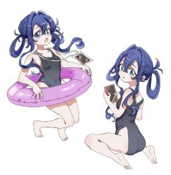  ass bare_arms bare_legs bare_shoulders barefoot black_one-piece_swimsuit blue_eyes blue_hair breasts cellphone commentary dalidari27 female full_body hair_between_eyes hair_intakes hair_rings highres holding holding_phone innertube kimi_no_koto_ga_dai_dai_dai_dai_daisuki_na_100-nin_no_kanojo lanyard long_hair looking_at_viewer multiple_views one-piece_swimsuit open_mouth phone sidelocks simple_background small_breasts smartphone swim_ring swimsuit white_background yoshimoto_shizuka 