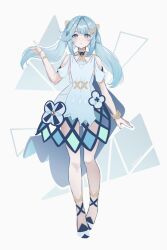  aqua_eyes aqua_hair armpit_cutout bare_legs bare_shoulders bracelet clothing_cutout dress faruzan_(genshin_impact) female full_body genshin_impact grey_background hair_ornament hand_up highres jewelry lacieon long_hair looking_at_viewer shoes short_sleeves shoulder_cutout simple_background solo standing twintails very_long_hair white_dress x_hair_ornament 