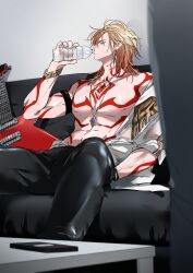  1boy abs absurdres alternate_costume arm_tattoo armband b_bcollector bare_pectorals black_pants blonde_hair bottle bracelet braid chest_tattoo coat commentary couch drinking earrings electric_guitar english_commentary facial_tattoo gold_bracelet gold_earrings gold_necklace gradient_hair guitar hair_between_eyes highres holding holding_bottle honkai:_star_rail honkai_(series) instrument jewelry male_focus medium_hair multicolored_hair mydei_(honkai:_star_rail) necklace on_couch open_clothes open_coat pants pectorals red_hair red_tattoo side_braid sitting solo tattoo toned toned_male white_coat yellow_eyes 