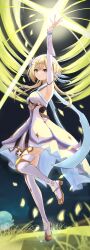  absurdres arm_armor arm_up armpits blonde_hair boots breasts closed_mouth commentary_request detached_sleeves dress expressionless female floating full_body fungi_(genshin_impact) genshin_impact grass highres looking_at_viewer lumine_(genshin_impact) medium_breasts night outdoors short_hair_with_long_locks solo sorami_sachi thigh_boots white_boots white_dress yellow_eyes zettai_ryouiki 