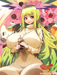  :p ahoge blonde_hair breasts candy chocolate chocolate_syrup curvy dress feline female food gem gradient_hair green_hair hair_between_eyes hair_intakes happy_valentine heart heart-shaped_chocolate heart-shaped_food highres huge_breasts jewelry light_particles milkshake multicolored_hair necklace original pixiv_id plaid_background red_eyes ribbed_sweater sitting sparkle sweater sweater_dress tongue tongue_out umigarasu_(kitsune1963) valentine whipped_cream white_chocolate white_dress white_gemstone 