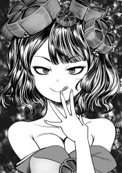  artist_name bare_shoulders blush breasts cleavage commentary fate/grand_order fate_(series) female flower greyscale hair_flower hair_ornament highres katsushika_hokusai_(fate) katsushika_hokusai_(second_ascension)_(fate) large_breasts looking_at_viewer monochrome seductive_smile shinsaku_(stan-art) short_hair smile solo tongue tongue_out twitter_username 