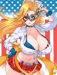  american_flag_background american_flag_bra belt blonde_hair blue_choker blue_eyes blue_gloves breasts choker collarbone collared_shirt commentary commission cowboy_shot cropped_shirt cuffs earrings english_commentary eye_mask female fingerless_gloves gloves hand_on_own_hip handcuffs highres holding holding_handcuffs huge_breasts jewelry kamen_america kamen_america_(comic) large_breasts long_hair long_sleeves looking_at_viewer microskirt midriff navel plaid_clothes plaid_skirt pleated_skirt red_skirt shirt signature skirt smile solo star_(symbol) star_choker star_earrings superhero_costume tied_shirt waifuviolenta white_belt white_shirt 