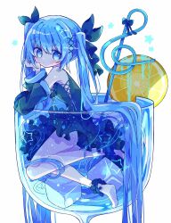  bare_shoulders barefoot black_dress black_ribbon black_sleeves blue_eyes blue_hair blush closed_mouth commentary cup detached_sleeves dress drinking_glass female food fruit full_body futaba969649 hair_ornament hair_ribbon hatsune_miku head_rest highres ice ice_cube in_container in_cup lemon lemon_slice long_hair looking_at_viewer ribbon simple_background sleeveless sleeveless_dress solo symbol-only_commentary twintails very_long_hair vocaloid white_background x_hair_ornament 