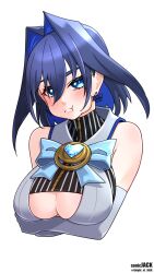  :t arms_under_breasts artist_name bare_arms black_hair blue_bow blue_bowtie blue_hair blush bow bow_earrings bowtie breasts cleavage_cutout clothing_cutout colored_inner_hair commentary cropped_torso earrings elbow_gloves female gloves hair_between_eyes hair_intakes heart-shaped_gem highres hololive hololive_english jewelry knight_of_jack large_breasts looking_at_viewer medium_hair multicolored_hair ouro_kronii ouro_kronii_(1st_costume) pout puffy_cheeks simple_background sleeveless solo twitter_username two-tone_hair upper_body virtual_youtuber white_background white_gloves zipper zipper_pull_tab 