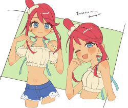  ;d bare_shoulders blue_eyes blue_shorts blush closed_mouth crop_top female highres looking_at_viewer multiple_views navel official_alternate_costume one_eye_closed open_mouth pokemon pokemon_masters_ex red_hair short_hair_with_long_locks short_shorts shorts sidelocks skyla_(pokemon) skyla_(summer_2025)_(pokemon) smile sumeragi1101 sweat twitter_username 