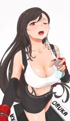  absurdres black_hair black_skirt bottle breasts cleavage earrings elbow_gloves elbow_pads female final_fantasy final_fantasy_vii final_fantasy_vii_remake fingerless_gloves gloves highres holding holding_bottle jewelry large_breasts long_hair looking_at_viewer midriff navel one_eye_closed open_mouth red_eyes selfie single_elbow_pad skirt solo suspender_skirt suspenders sweat tank_top tifa_lockhart water_bottle white_tank_top wolkat 
