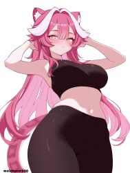  :&lt; animal_ears armpits arms_up artist_name bare_shoulders blush breasts brown_pants brown_tank_top closed_mouth commentary female hair_intakes hashtag-only_commentary highres hololive hololive_english large_breasts long_hair meichan multicolored_hair navel panther_ears panther_girl panther_tail pants pink_hair raora_panthera simple_background solo stomach streaked_hair tail tank_top thighs two-tone_hair virtual_youtuber white_background yellow_eyes 