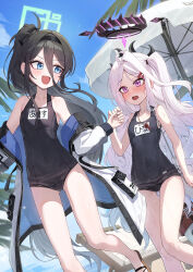  absurdres aris_(blue_archive) bare_shoulders black_hair black_halo blue_archive blue_eyes blue_halo breasts hair_between_eyes halo highres hina_(blue_archive) hina_(swimsuit)_(blue_archive) jacket kokukyukeo long_hair long_hair_between_eyes multicolored_halo official_alternate_costume ponytail purple_eyes purple_halo school_swimsuit small_breasts swimsuit thighs two-tone_halo white_hair white_jacket 
