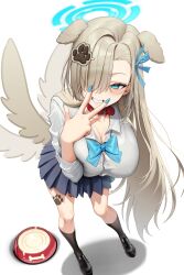  absurdres animal_collar animal_ears asuna_(blue_archive) asymmetrical_bangs black_shoes black_socks blonde_hair blue_archive blue_bow blue_bowtie blue_halo blue_ribbon blush bow bowl bowtie bra_visible_through_clothes breasts button_gap cleavage collar collarbone collared_shirt commentary dog_ears dog_tail foreshortening full_body grin hair_over_one_eye hair_ribbon halo highres kkuni kneehighs large_breasts leaning_forward legs_apart long_bangs long_hair long_sleeves looking_at_viewer one_eye_covered paw_hair_ornament paw_tattoo pet_bowl red_collar ribbon shadow shirt shoes simple_background single_hair_intake smile socks standing straight_hair tail tail_wagging v v_over_mouth very_long_hair white_background white_shirt 