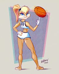  2025 4:5 absurd_res anthro ass ball barefoot basketball_(ball) blonde_hair breasts clothing feet female fur gloves hair handwear hi_res hindpaw lagomorph leporid lola_bunny looney_tunes mammal paws pink_nose rabbit rear_view signature smile solo sum5hadow tail tan_body tan_fur warner_brothers 