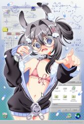  @_@ absurdres angel_wings_hair_ornament animal_ear_fluff animal_ears armpits bikini blush can collar collarbone cursor desktop_(computing) double-parted_bangs drooling fingerprint front-tie_bikini_top front-tie_top glasses hair_between_eyes hair_intakes hair_ornament hairclip highres holding holding_can hood hoodie icon_(computing) jacket mastectomy_scar monster_energy navel oerba_yun_fang open_mouth original partially_unzipped pill pointing pulled_by_cursor qlxxln round_eyewear scar scar_on_chest skin_fang sleeves_past_wrists spiked_collar spikes swimsuit two_side_up x_hair_ornament zipper zipper_pull_tab 