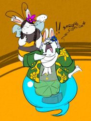  2024 3_fingers accessory angry antennae_(anatomy) anthro arthropod bea_(mario_plus_rabbids) bee bent_arm black_antennae black_body black_facial_hair black_fur black_mustache blue_body blue_flower braided_pigtails button_(fastener) clothed clothed_anthro clothed_male clothing cravat crossover curly_hair digital_drawing_(artwork) digital_media_(artwork) dot_eyes duo ellipsis english_text exclamation_point eyelashes facial_hair female female_anthro fingers flat_colors flower flower_in_hair flying freckled_face freckles frown fur furrowed_eyebrows ghost gramophone green_clothing green_suit green_topwear green_vest grey_hair grey_wings hair hair_accessory hi_res hybrid hymenopteran insects lagomorph larger_anthro larger_male legless long_ears long_eyelashes long_hair male male_anthro mammal mario_bros mario_plus_rabbids_kingdom_battle mario_plus_rabbids_sparks_of_hope moustache nintendo noseless notched_wings open_frown open_mouth orange_background phantom_of_the_bwahpera pink_tongue plant purple_flower rabbid randomrabbidramblings raving_rabbids rayman_(series) simple_background simple_eyes size_difference smaller_anthro smaller_female speech_bubble spirit suit tan_inner_ear text tongue topwear translucent translucent_body ubisoft vest white_body white_cravat white_fur wings yellow_body yellow_fur 