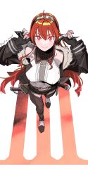  absurdres ahoge bare_shoulders black_hairband breasts closed_mouth eris_greyrat female foreshortening from_above fur_trim hair_between_eyes hairband headband highres long_hair long_sleeves looking_at_viewer mushoku_tensei navel perspective red_eyes red_hair roman_numeral sheath sheathed simple_background solo standing tokita_(mag0) very_long_hair white_background 