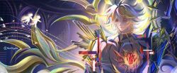  2boys alternate_form asymmetrical_wings black_shirt black_wings blonde_hair cracked_skin hair_between_eyes halo halo_behind_head hashtag-only_commentary heart_(organ) highres honkai:_star_rail honkai_(series) male_focus material_growth meochymte multiple_boys mydei_(honkai:_star_rail) phainon_(honkai:_star_rail) shirt short_hair silhouette tears tears_from_one_eye torn_clothes torn_shirt wings yellow_blood yellow_eyes yellow_wings 