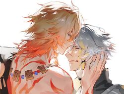  2boys arm_tattoo back_tattoo black_coat black_shirt blonde_hair braid closed_eyes coat cracked_skin crying gold_necklace gradient_hair hair_between_eyes hand_on_another&#039;s_face honkai:_star_rail honkai_(series) imminent_kiss jewelry male_focus medium_hair multicolored_hair multiple_boys mydei_(honkai:_star_rail) necklace open_clothes open_coat phainon_(honkai:_star_rail) red_hair red_tattoo shirt short_hair side_braid simple_background suirandanshihao tattoo white_background white_hair yaoi yellow_blood yellow_eyes 