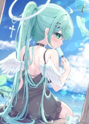  angel angel_wings bare_shoulders black_dress blue_sky blurry blurry_background cloud clover_hair_ornament commentary_request day dress female food food_in_mouth from_behind green_eyes green_hair hair_ornament halo halo_ornament highres holding holding_food holding_popsicle livia_(mikaze_oto) long_hair looking_at_viewer mikaze_oto original ponytail popsicle popsicle_in_mouth sitting sky solo very_long_hair wings 