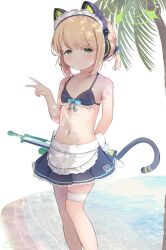  animal_ear_headphones animal_ears apron aqua_bow aqua_bowtie back_bow bare_arms battle_rifle beach black_dress black_tail blonde_hair blue_archive bow bowtie cat_ear_headphones cat_ears cat_tail dress fake_animal_ears fake_tail feet_out_of_frame female frilled_dress frills green_eyes green_halo gun h&amp;k_g3 hairbow halo headphones highres jewelry light_blush light_smile looking_at_viewer maid maid_apron maid_headdress medium_hair midori_(blue_archive) midori_(maid)_(blue_archive) official_alternate_hairstyle parted_bangs ponytail rifle sniper_rifle solo standing tail teren thighlet v weapon white_bow white_headdress 