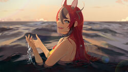  absurdres animal_ears bare_shoulders bikini black_hair blue_bikini blue_eyes breasts female grey_hair hakos_baelz highres hololive hololive_english mouse_ears mouse_girl moyomo multicolored_hair ocean partially_submerged red_bikini red_hair solo streaked_hair swimsuit virtual_youtuber water yellow_bikini 