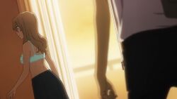  1boy anime_screenshot aoki_clair balcony black_pants blonde_hair bra curtains female gleipnir_(series) green_bra grey_skirt indoors long_hair pants pleated_skirt shirt skirt underwear white_shirt window 