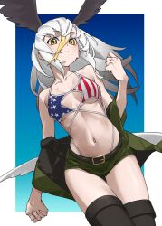  alternate_costume american_flag american_flag_bikini american_flag_print bald_eagle_(kemono_friends) bare_arms bare_shoulders belt belt_buckle bikini bikini_top_only bird_girl bird_tail bird_wings black_belt black_thighhighs blonde_hair breasts buckle collarbone commentary female flag_print flag_print_bikini from_below gradient_hair green_jacket green_shorts grey_hair hair_between_eyes head_wings highres jacket kemono_friends long_hair long_hair_between_eyes looking_at_viewer medium_breasts multicolored_hair navel off_shoulder print_bikini short_shorts shorts simple_background solo spaghetti_strap stomach swimsuit tail tanabe_(fueisei) thigh_gap thighhighs white_hair wings yellow_eyes 