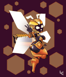  absurd_res antennae_(anatomy) armor arthropod ass bee beeat_(fuzzycogs) big_butt breasts cleavage clothed clothing dark_body dark_skin electronics engine female fuzzycogs glowing hi_res honeycomb hymenopteran insects machine robot solo thick_thighs unconvincing_armor wings yellow_eyes 
