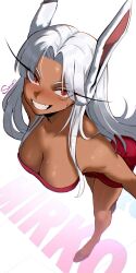  animal_ears artist_name bare_legs bare_shoulders blush boku_no_hero_academia breasts character_name collarbone commentary curtained_hair dark-skinned_female dark_skin dress english_commentary female grin high_heels highres large_breasts leaning_forward long_eyelashes long_hair looking_at_viewer mirko parted_bangs pumps rabbit_ears rabbit_girl rabbit_tail red_dress red_eyes scar scar_on_face shibbunny smile solo strapless strapless_dress sweat tail tail_through_clothes thighs toned toned_female very_long_hair white_hair 