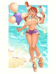  :d bare_shoulders beach blue_eyes blue_shorts breasts crop_top cup drinking_glass drinking_straw female full_body hair_between_eyes highres holding holding_cup jumpluff large_breasts looking_at_viewer navel official_alternate_costume open_mouth pokemon pokemon_(creature) pokemon_masters_ex red_hair sanno_(snn_3) short_hair_with_long_locks short_shorts shorts sidelocks skyla_(pokemon) skyla_(summer_2025)_(pokemon) smile teeth upper_teeth_only 