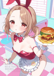  animal_ears bare_shoulders blush bow bowtie breasts brown_hair burger detached_collar fake_animal_ears female food highres kanya_pyi leotard looking_at_viewer original playboy_bunny rabbit_ears red_eyes short_hair small_breasts solo thighhighs twintails waitress white_thighhighs wrist_cuffs 